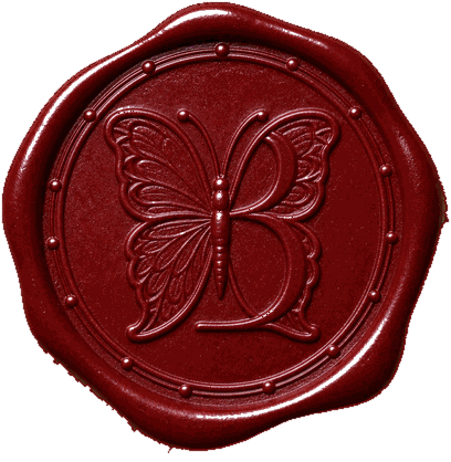 The Baptiste seal, a butterfly drawn as the letter B, pressed in red wax
